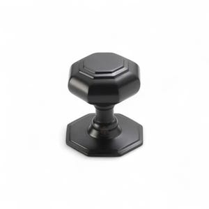 May include: A black, octagonal cabinet knob with a matching base. The knob has a stepped design and a matte finish. This hardware is suitable for drawers, cabinets, and other furniture.