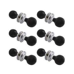 May include: Six black door knobs with a ribbed, rounded design. Each knob has a polished silver-coloured base and a black, bulbous handle. The knobs are arranged in a grid pattern against a white background, showcasing their design and finish.