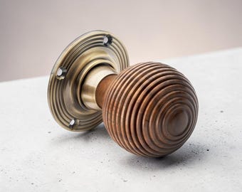 Beehive Rosewood Door Knobs Antique Brass Backplates (Pair)