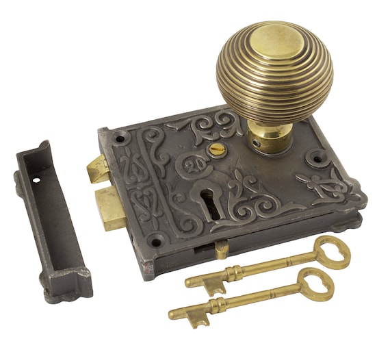 Floral Design Antique Wrought Iron & Solid Brass Rim Door Knob Lock Set 