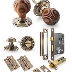 Set of 2 Beehive Rosewood Door Knob Pairs | Brass and Rim Mortice Lock Handles | Sold as Pair | Antique Brass Door Knobs | Thumbturn Latch