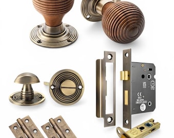 Set of 2 Beehive Rosewood Door Knob Pairs | Brass and Rim Mortice Lock Handles | Sold as Pair | Antique Brass Door Knobs | Thumbturn Latch