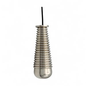 May include: A silver light pull with a ribbed, cylindrical body and a rounded base. A black cord extends from the top. The pull is made of metal and has a series of horizontal ridges along its length.