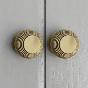 May include: Two brass cabinet knobs with a circular design. Each knob has a flat, round centre surrounded by concentric ridges. The knobs are mounted on a light grey cabinet door, offering a classic and elegant look.