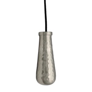 May include: A silver light pull with a hammered texture, suspended from a black cord. The pull has a teardrop shape. The light pull is designed for use with a ceiling light fixture.
