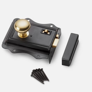 May include: A black door latch with a gold-coloured knob and accents. The latch includes a separate black strike plate and a set of black screws. The hardware is designed for door security and home improvement projects.