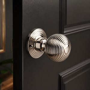 May include: A polished nickel door knob featuring a spherical shape with a series of concentric, horizontal ribbed grooves. The knob is attached to a matching circular backplate with a stepped design, mounted onto a solid black panelled door.