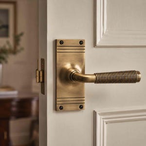 May include: A brass door handle with a rectangular backplate featuring horizontal engraved lines and four visible screws. The lever handle has a cylindrical shape with a ribbed, textured grip, mounted on a white paneled door with a latch.