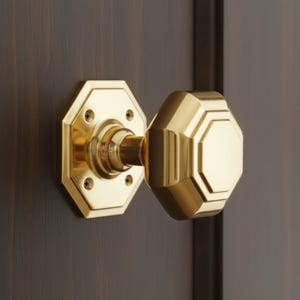 May include: A polished brass door knob with an octagonal design. The knob is attached to an octagonal backplate with screws. The door furniture is set against a dark brown wooden door.