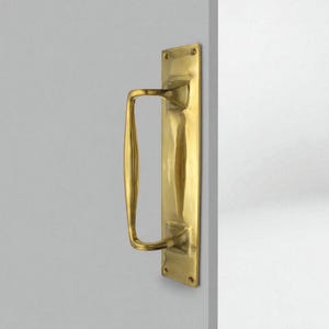 May include: A polished brass door pull, featuring a rectangular backplate and a curved handle. The handle has a smooth, elongated oval design. The door pull is mounted on a light grey surface.