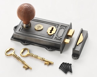 Davenport Rim Lock Rosewood Antique Brass Beehive Knob Set