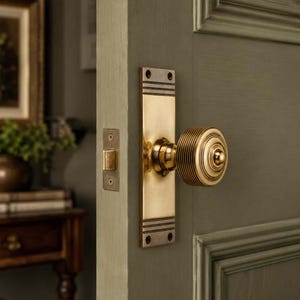 May include: A brass door knob set featuring a cylindrical knob with horizontal ribbed detailing mounted on a rectangular backplate with horizontal grooves at the top and bottom, attached to a sage green door with a matching brass latch plate.
