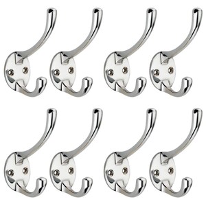 May include: Eight polished chrome coat hooks. Each hook features a curved arm and a lower hook, mounted on a circular base with three screw holes. The hooks are arranged in two rows of four against a white background.