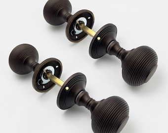 2 Pairs Aged Bronze Beehive Sprung Door Knobs Solid Brass