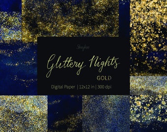 Starry Nights Digital Paper, Navy Black Glitter Digital Paper, Gold Glitter Clipart, Night Glitter Sky, Night Sky, Sparkly Digital Paper