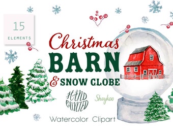 Christmas Barn Clipart, Watercolor Barn Clipart, Snow Globe Clipart, Christmas Watercolor Clipart, Christmas Trees Graphics, Red Building