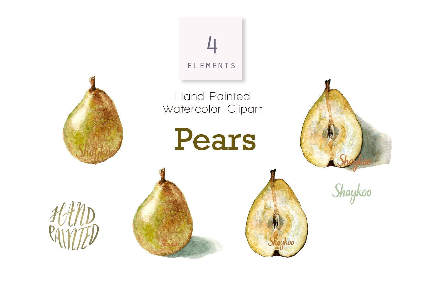 Pear Watercolor Clipart, Hand Painted Pears, Pear With Shadow ...