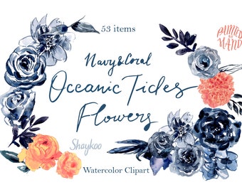 Navy Watercolor Flowers, Living Coral Flowers Watercolor Clipart, Handpainted Watercolor Blue Flowers, Pink Floral Clipart, Wedding Invite