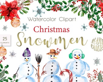 Christmas Snowmen Watercolor Clipart, Cute Snowmen, Winter Clipart, Hand Painted Snowman, Seasonal Snowmen, Watercolor Snowman, Illustration