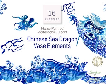 Chinese Blue Dragon Watercolor, Blue Sea Dragon Clipart, Watercolor Dragon Clipart, Sea Monster Clipart, Blue Monster Watercolor, Sea Waves