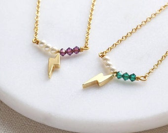 Lightning bolt birthstone and pearl bar necklace