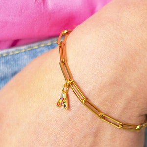 Chunky gold chain bracelet with rainbow initial charm image 1