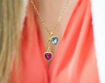 Mother and child birthstone hearts necklace