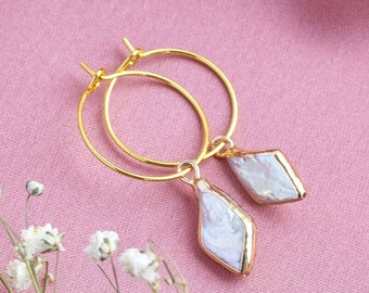 Gold plated rhombus pearl hoop earrings for wedding bridesmaid