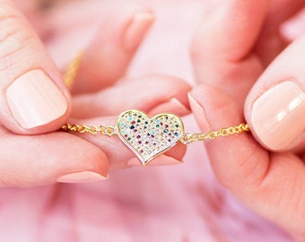 Micro pave multi coloured heart bracelet