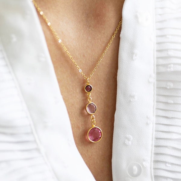 Gold three generations birthstone necklace