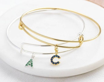 Personalised gold or silver birthstone initial bangle