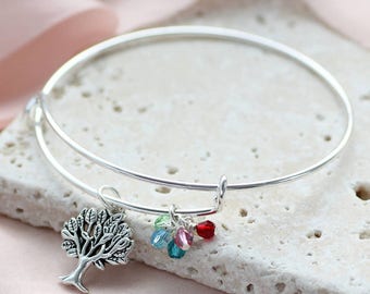 Family tree birthstone charm bangle