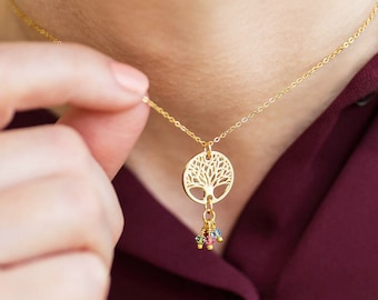 Gold family tree birthstone charm necklace