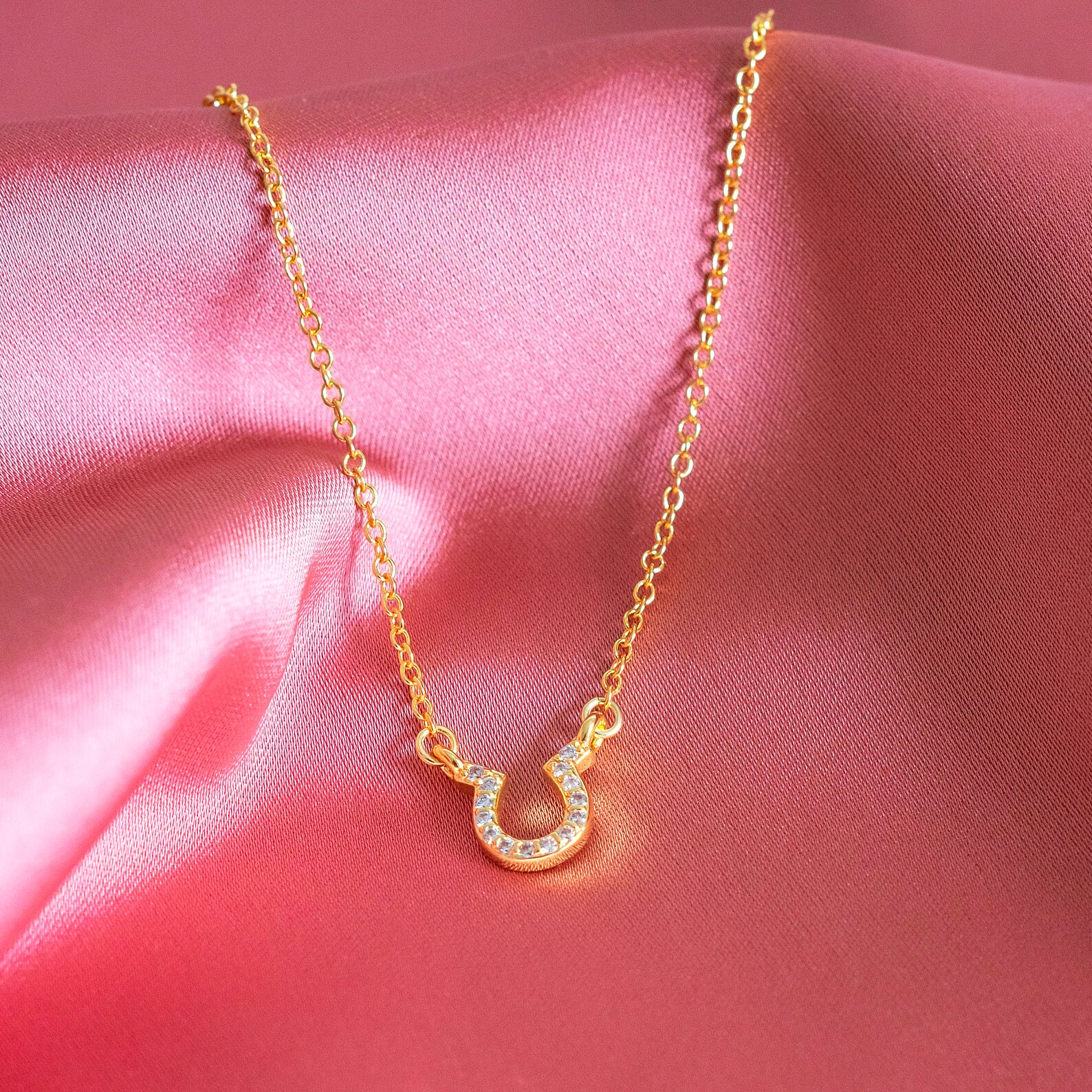 Lucky Horseshoe Pave Charm Necklace Pale Gold