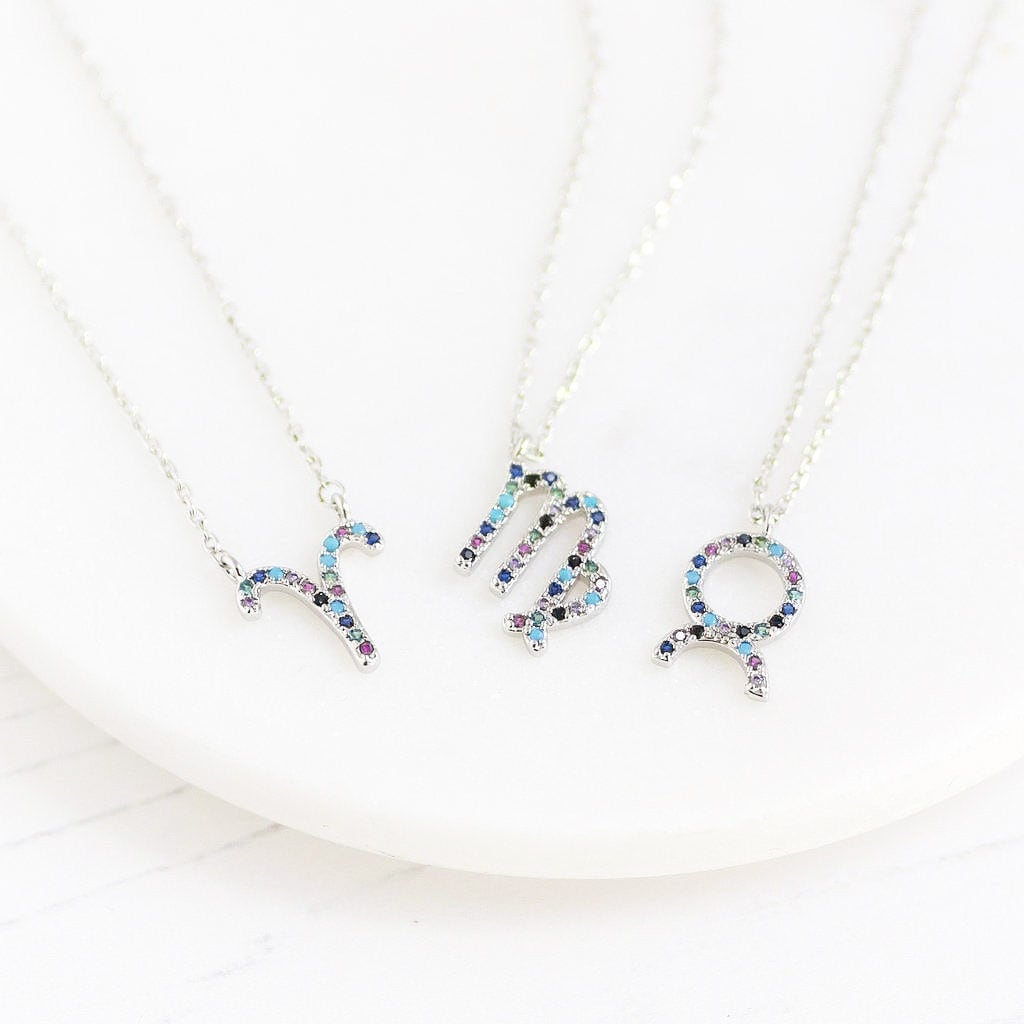 Micro pave rainbow zodiac necklace