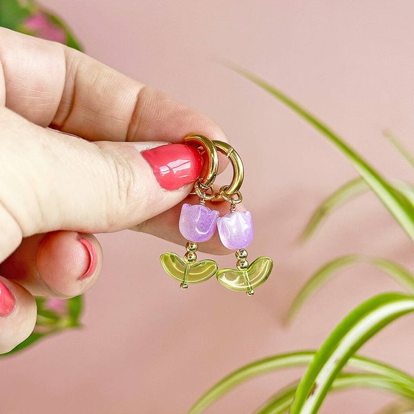 Glass tulip huggie hoop earrings