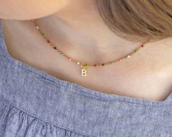 Colourful Beaded Initial Charm Necklace