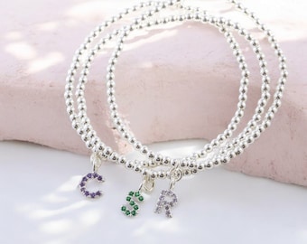 Silver plated beaded bracelet with birthstone initial