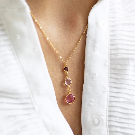 Gold Three Generations Birthstone Necklace Etsy