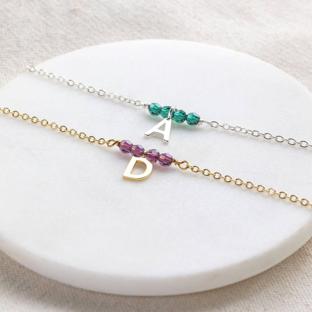 Personalised gold or silver beaded birthstone initial bracelet