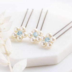 Set of three something blue pearl flower hairpins for bride
