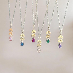 Zarte Blatt Kette Teardrop Geburtsstein Halskette