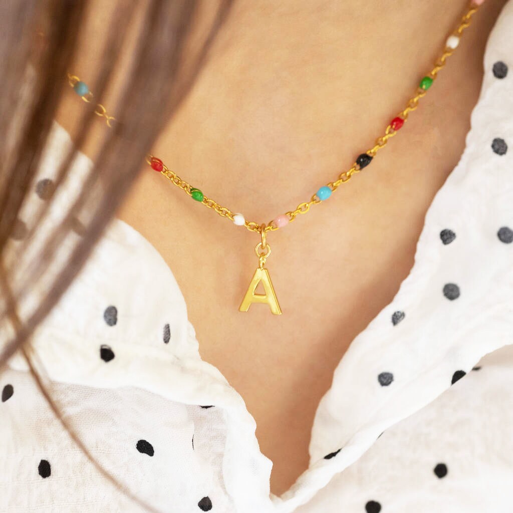 Personalized Beaded Initial Necklace - Gold Plated Letter Pendant With Colorful Beads (15.7"+2.36")