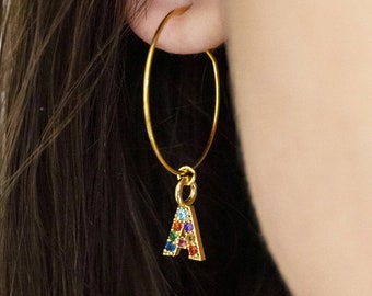 Gold or silver rainbow initial charm hoop earrings