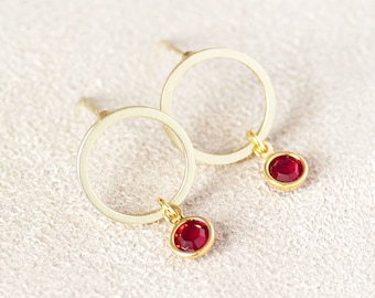 Minimalist gold circle birthstone earrings