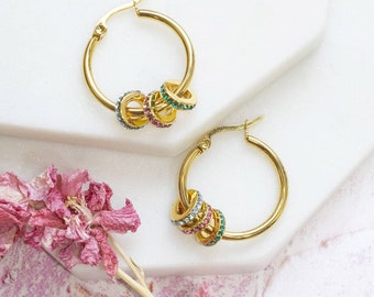 Hoop earrings with family birthstone rings