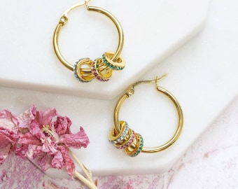 Hoop earrings with family birthstone rings