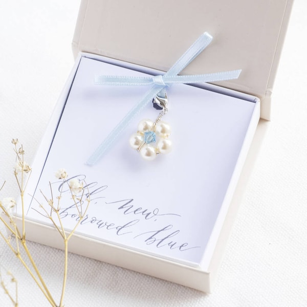 Something blue pearl flower wedding keepsake charm for bride
