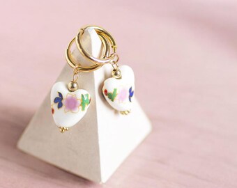 Floral porcelain heart huggie earrings