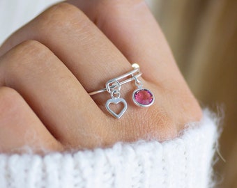 Sterling silver adjustable birthstone charm ring